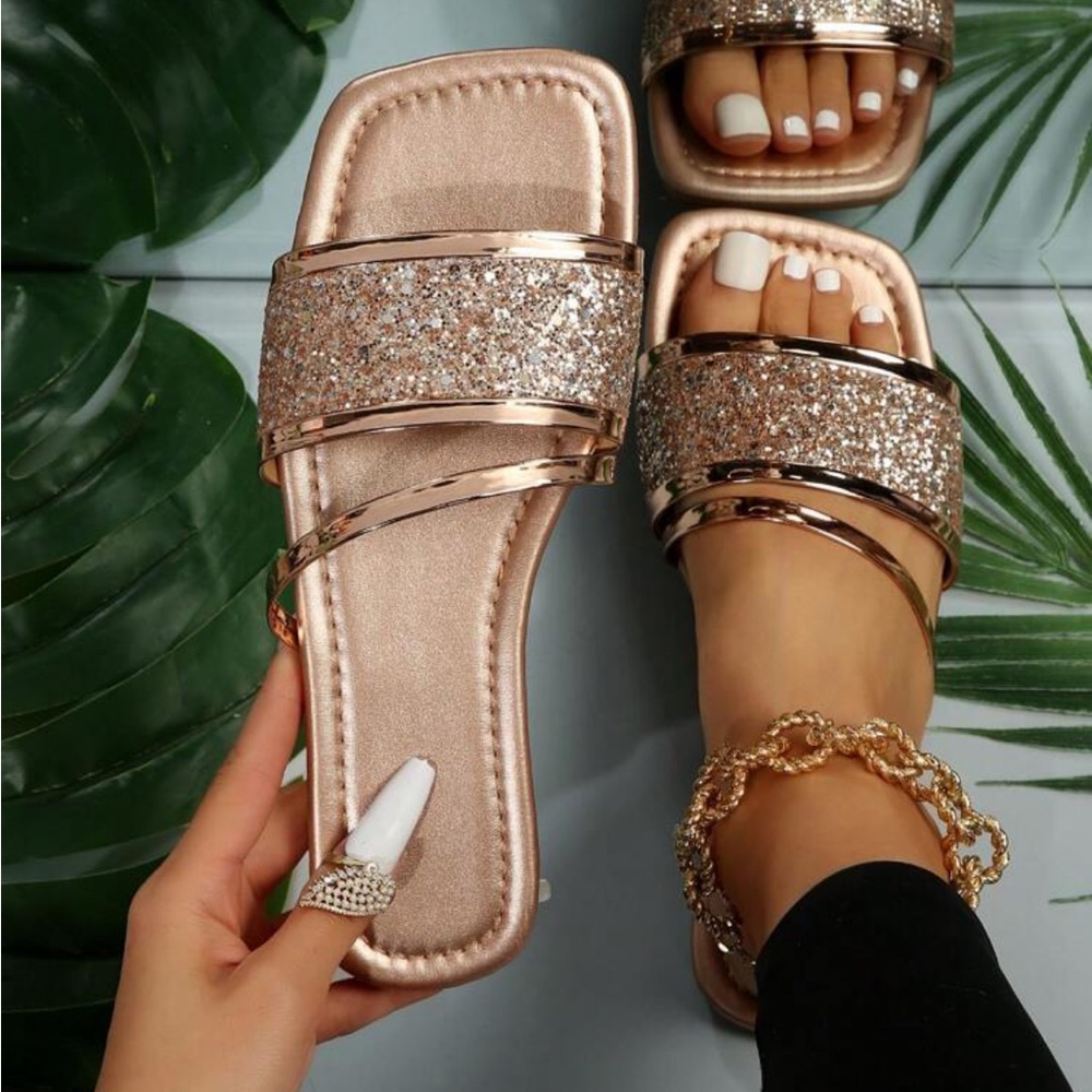 Glamorous Champagne Sandals For Women, Metallic Sequin Decor Slide Sandals
